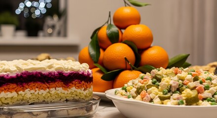 Colorful festive cake with salad and oranges on a table  