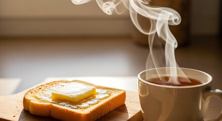 Freshly toasted bread with melted butter and steaming tea cup  