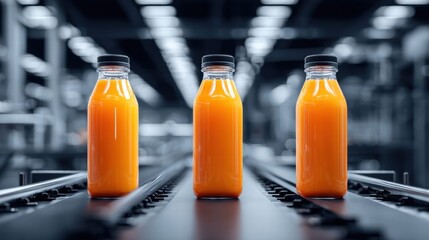 Bottles of orange juice on a conveyor belt in a factory.