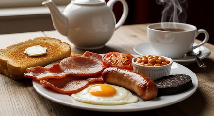 Traditional English breakfast with eggs, bacon, sausage, and coffee  