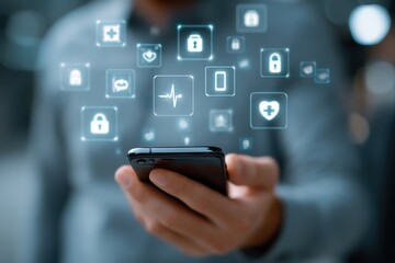 Smartphone with floating security icons highlighting privacy, data protection, and digital health security