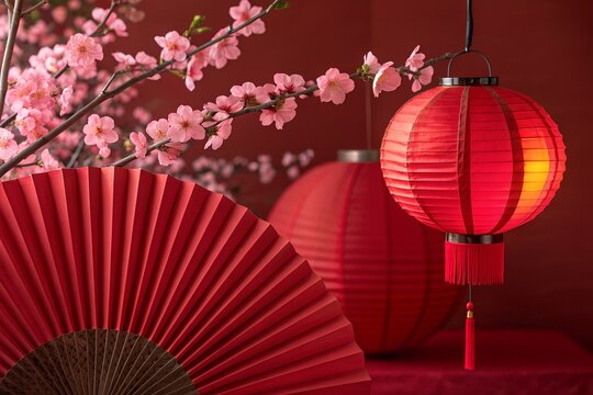 Traditional chinese new year decorations featuring vibrant red paper lanterns and a delicate pink cherry blossom branch with a folded fan creating a festive and auspicious atmosphere
