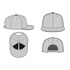 Four views of a gray baseball cap are displayed showing side front underside and back details