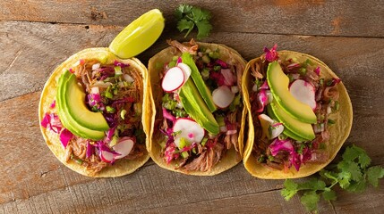 carnitas. Flat lay of Mexican street tacos with fresh ingredients, highlighting vibrant flavors and rustic appeal. menu design.