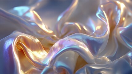 Stunning, high-resolution texture of crumpled iridescent fabric. The smooth, luxurious material shimmers with holographic colors, including gold, blue, purple, creating an elegant, abstract background