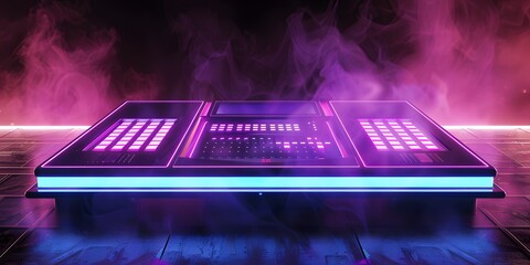 Futuristic glowing console with vibrant neon lights and swirling smoke, evoking a sense of advanced technology and mystery.
