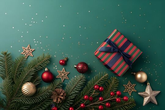 Festive christmas flat lay featuring a wrapped gift pine branches baubles berries and star ornaments on a dark green background with subtle snow effect