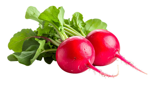 Close-up studio shot of two vibrant red radishes with green leafy tops, isolated - Powered by Adobe
