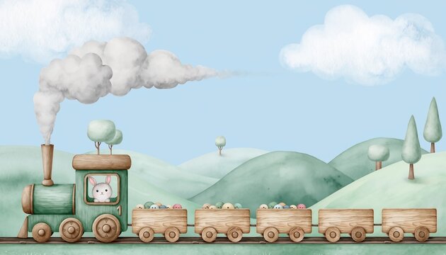 Cute bunny riding a watercolor train filled with colorful eggs through a pastel hilly landscape, concept for children's books, nursery decor, and Easter themes.