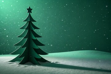 A solitary stylized christmas tree stands tall in a snowy landscape under a mystical glowing green sky with falling snowflakes creating a magical winter wonderland atmosphere