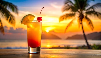 Tropical sunset cocktail with cherry and orange slice on a wooden table