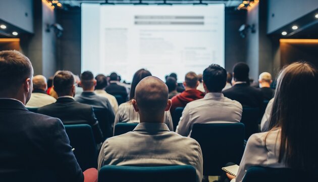Diverse audience attentively watching a presentation in a modern conference hall with a large screen, concept for business, education and professional development.