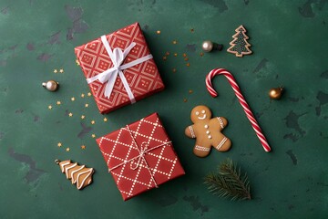 Festive overhead view of two red and white patterned christmas gift boxes tied with silver ribbon surrounded by gingerbread cookies candy canes and ornaments on a dark green textured background
