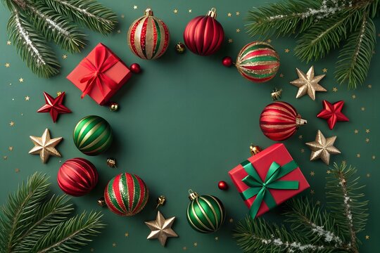 Festive christmas wreath arrangement with red and green ornaments sparkling star decorations and lush evergreen branches creating a circular frame on a dark green background with subtle glitter - Powered by Adobe