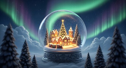 Enchanting Winter Village Inside a Snow Globe Under the Aurora Borealis