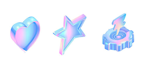 Three holographic 3D isometric icons heart, star, and lightning bolt