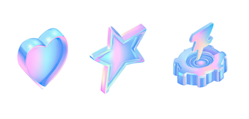 Three holographic 3D isometric icons heart, star, and lightning bolt
