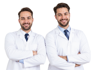 Two smiling doctors stand confidently with arms crossed in a professional setting