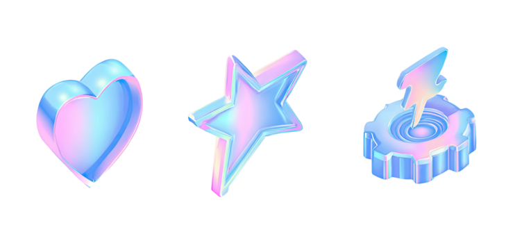 Three holographic 3D isometric icons heart, star, and lightning bolt - Powered by Adobe