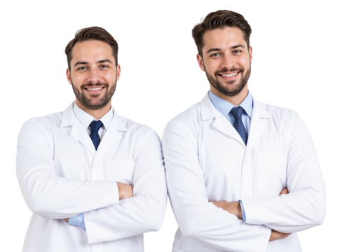 Two smiling doctors stand confidently with arms crossed in a professional setting