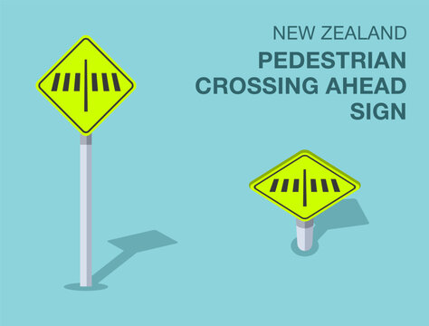 Fototapeta Traffic regulation rules. Isolated New Zealand "pedestrian crossing ahead" road sign. Front and top view. Flat vector illustration template.