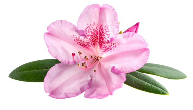 Close-up of a delicate pink flower with speckled center and green leaves, isolated on black