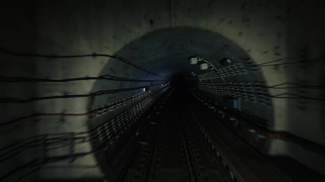 Train ride perspective traveling through an underground metro tunnel in Singapore.