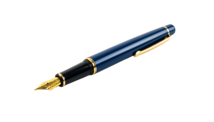A classic fountain pen with a dark blue body, gold accents, and gold nib
