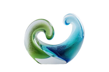 Swirling glass sculpture in green and blue, abstract fluid form