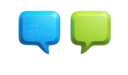 Two glossy, 3D speech bubbles, blue and green, on black