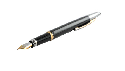 Naklejka premium Elegant black and silver fountain pen with gold accents, isolated against a black background