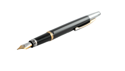 Elegant black and silver fountain pen with gold accents, isolated against a black background