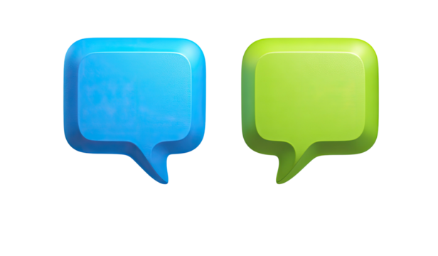 Two glossy, 3D speech bubbles, blue and green, on black