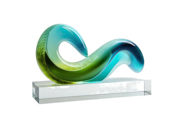Abstract flowing sculpture in green and blue hues on a clear base