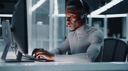Man operates computer with headset. Support agent speaks to customer through headset. Operator types and monitors data on screen. Office space shows focused business technology. Customer help desk. - Powered by Adobe
