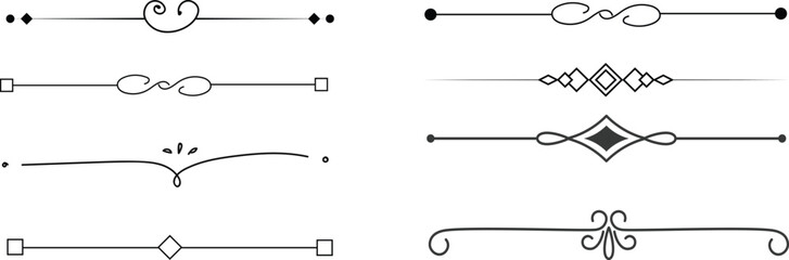 Set of black decorative line dividers with simple vintage ornaments and geometric vector designs.divider marker sketch doodle vector lines set element.set retro decorative page dividers design 