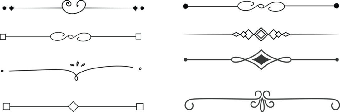 Set of black decorative line dividers with simple vintage ornaments and geometric vector designs.divider marker sketch doodle vector lines set element.set retro decorative page dividers design 