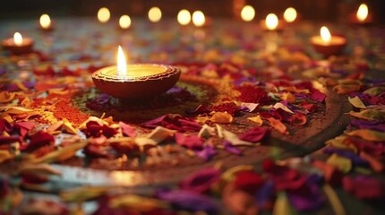 Close-up of a lit diya surrounded by colorful flower petals and candles on a table with warm lighting for Diwali. - Powered by Adobe