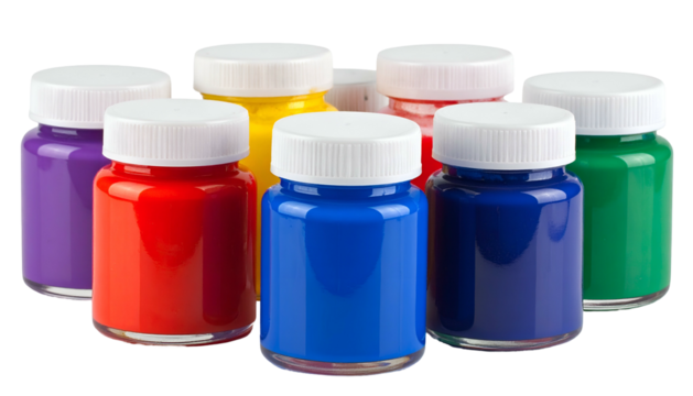 Assortment of small glass jars, filled with various vibrant paint colors, all sealed