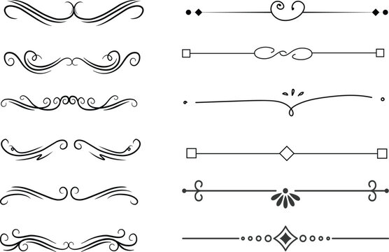 Set of black decorative line dividers with simple vintage ornaments and geometric vector designs.divider marker sketch doodle vector lines set element.set retro decorative page dividers design 
