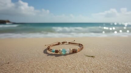 A bracelet with beach theme lay on the sand by the ocean. The overall aesthetic is one of effortless coastal elegance, with the warm sunlight casting a gentle glow on the entire scene.