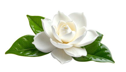 Close-up studio shot of a beautiful, fully bloomed gardenia flower with green leaves