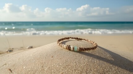 A bracelet itself is made of a combination of natural materials such as woven sea grass, polished shell fragments, and driftwood, with a subtle sparkle from tiny sea glass beads.