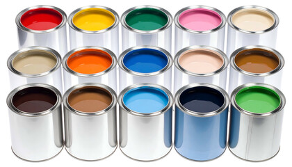 Fifteen metallic paint cans open, filled with vibrant colors arranged in three rows