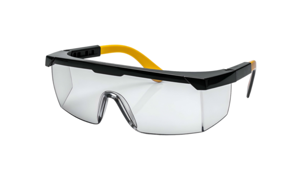 Close-up of safety glasses with clear lenses and black/yellow frame, isolated on black