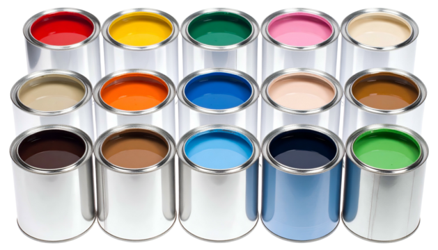 Fifteen metallic paint cans open, filled with vibrant colors arranged in three rows