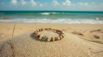 A delicate beach-inspired bracelet rests on a gently sloping dune of fine golden sand, with turquoise ocean waves softly lapping at the shore in the background, under a clear blue sky.