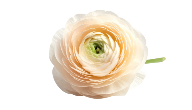 Overhead shot of a soft-colored flower, with a vibrant center and curved green stem