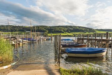 Scenic view of the harbor of Oehningen, Hoeri peninsula, Lake Constance, Baden-Wuerttemberg, Germany