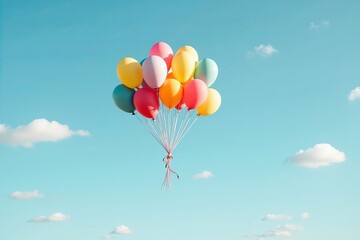 Obraz premium Colorful balloons soaring into a bright blue sky with fluffy white clouds.